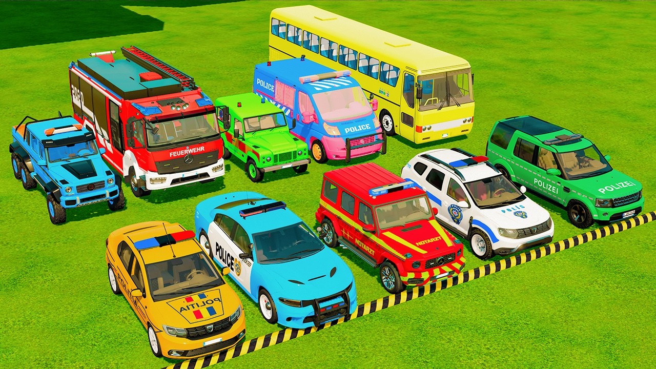 TRANSPORTING POLICE CARS, AMBULANCE, FIRE TRUCK, COLORFUL CARS WITH TRAIN -FARMING SIMULATOR 22!