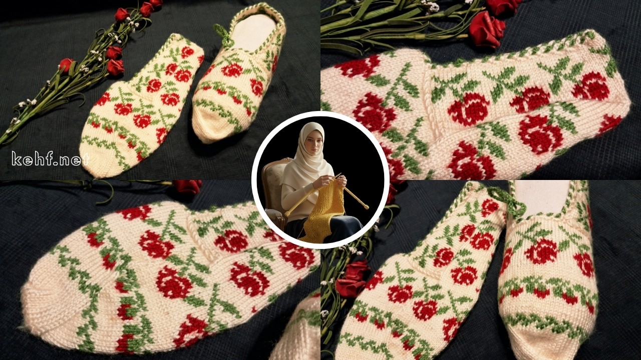 Beş Şişle Gül Desenli Patik | Çeyizlik Örgü Modelleri