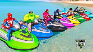 SUPERHEROES TEAM JET SKI WATER RACING CHALLENGE, SPIDERMAN TEAM MOTORBIKES RACE on SEA RAMP - GTA 5 screenshot 5