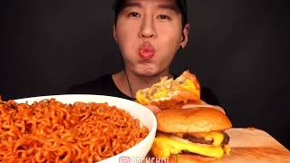 ZACH CHOI ASMR *BITES ONLY* SPICY NOODLES & DOUBLE CHEESEBURGERS ASMR