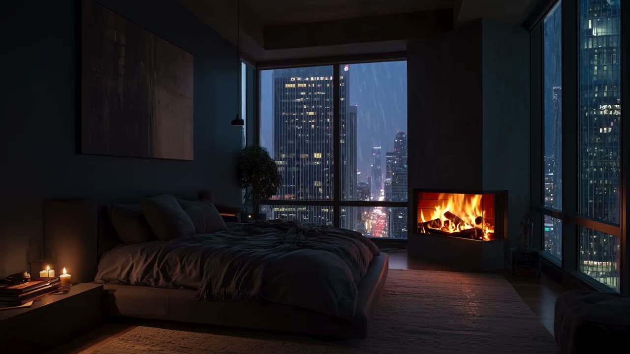 NO ADS 🔥 Rain & Piano Fireplace Ambience 🌙 | 3 Hours Relaxing Sleep