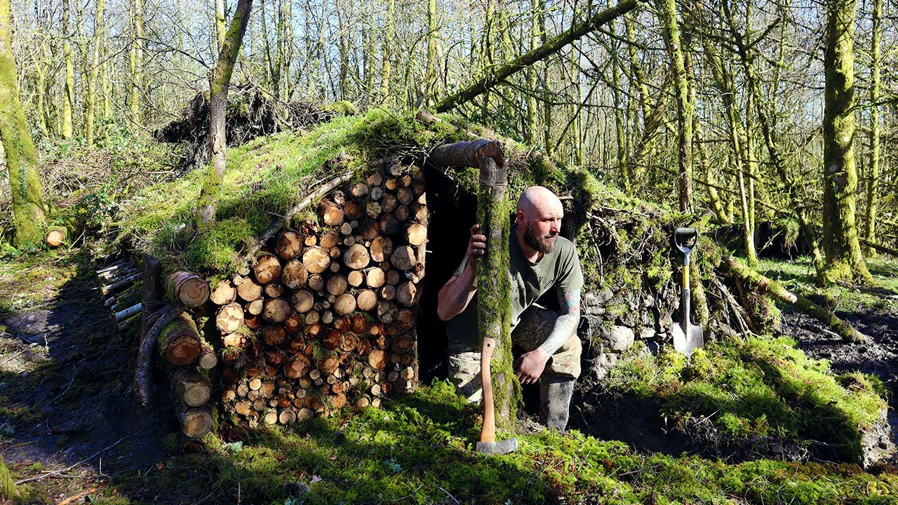 FULL BUILD of Fallen Tree Bushcraft Shelter / Dug Out Survival Hut