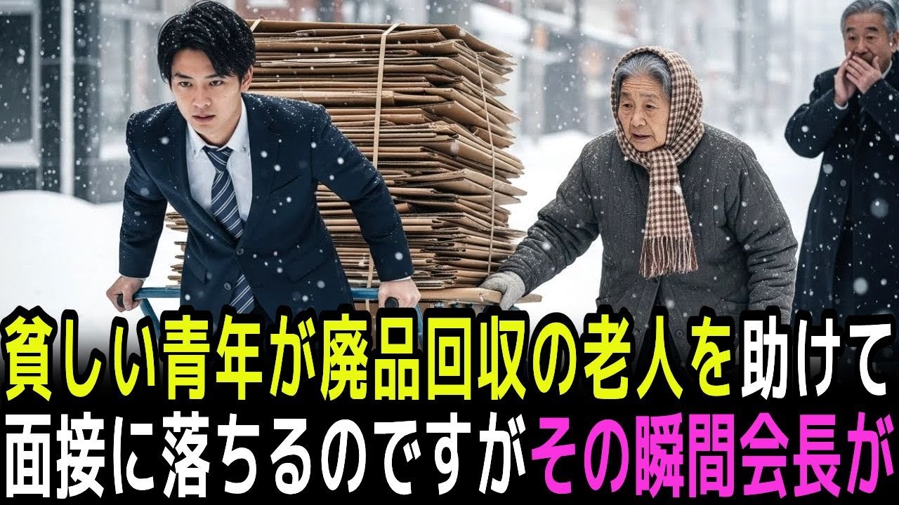 貧しい青年が廃品回収の老人を助けて面接に落ちるのですが、その瞬間、会長が！
