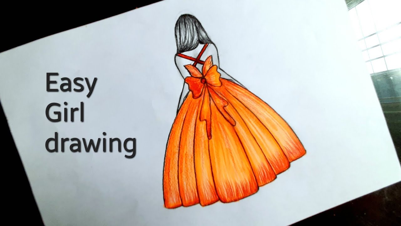 orange dress drawing Elegant Vintage Fashion Dress with Bow Drawing Illustration Stock Image