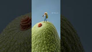 A woman clad in minimalist miniature hiking gear standing with quiet triumph on a vibrant avocado.