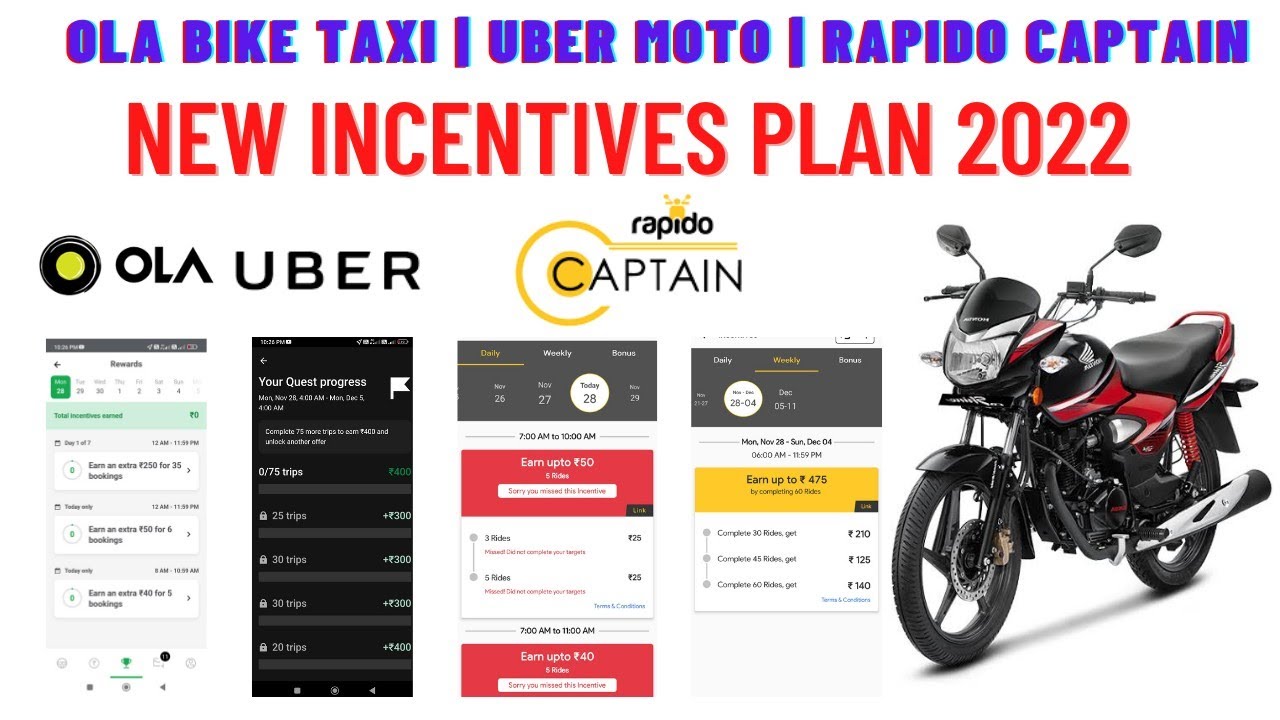 Ola Bike Taxi Uber Moto Rapido Bike Taxi New Incentives Plan 2022 uber-moto-incentives-weekly-and-daily-incentives-uber-bike-taxi