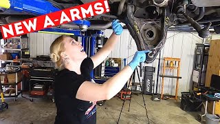 GOT MY WIFE TO INSTALL NEW A-ARMS ON MY MUSTANG! // CONTROL ARM SETUP AND SUSPENSION OVERHAUL BEGINS