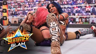 Sasha Banks powerbombs Asuka to the ringside floor: SummerSlam 2020 (WWE Network Exclusive)
