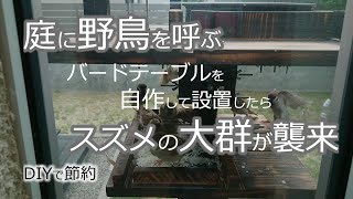 【ゆるい節約でリタイア】DIYで節約_庭に野鳥を呼ぶためバードデーブル（エサ台）を自作して設置したらスズメの大群が襲来！