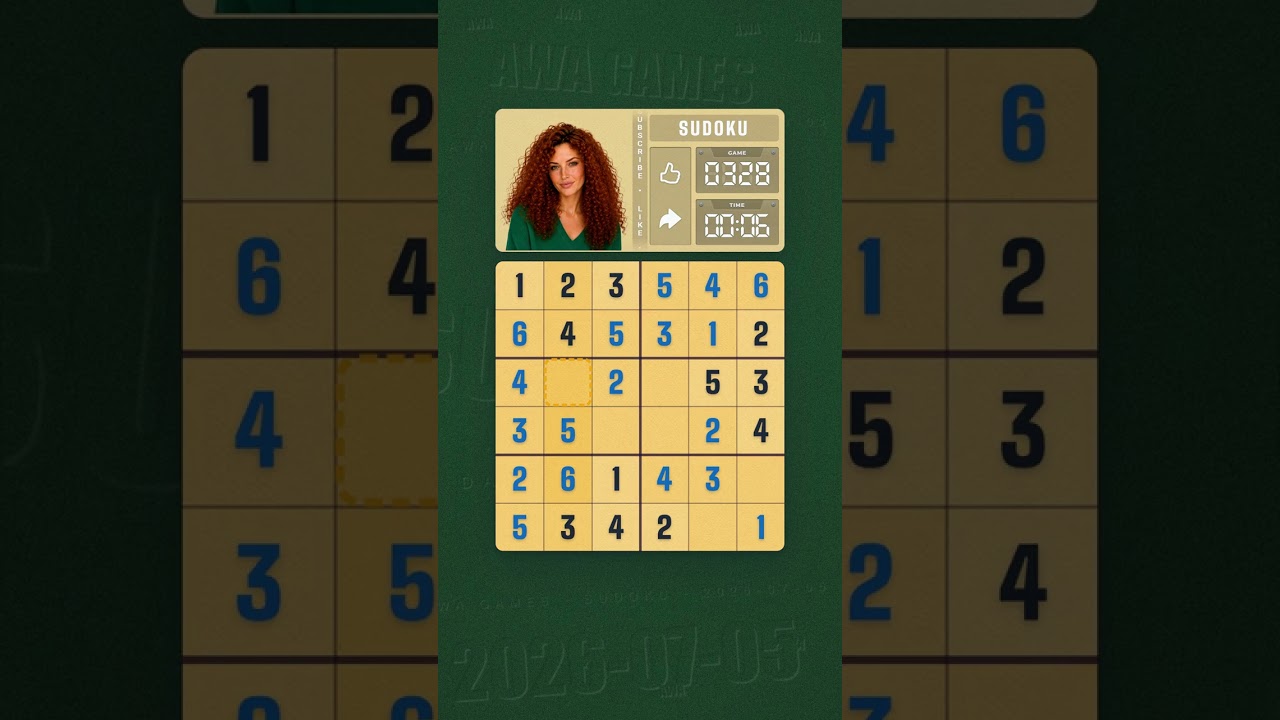 LinkedIn Mini Sudoku #328 solved board for July 5, 2026, 6x6 grid