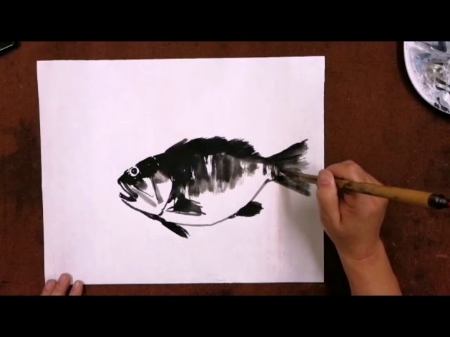 墨　唐墨　魚戯蓮　中国　書画　習字　硯　China 魚fish～水墨画示范～现代中国画-陈铭显(陳銘顯) 写意示范Modern