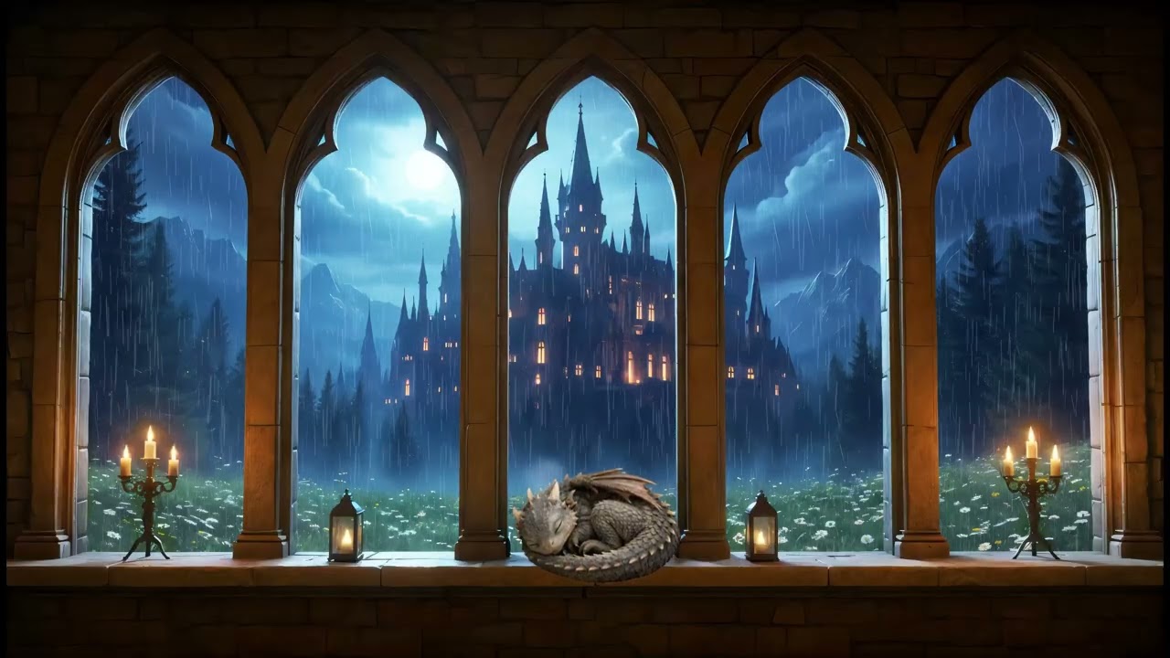 Castle & Dragon Rain Ambience – Relaxing Music and Medieval Window View for Study & Sleep