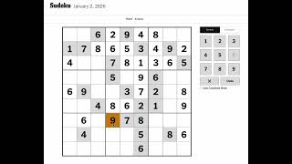 New York Times Sudoku Hard Solution for January 2, 2026: Solving without Markings
