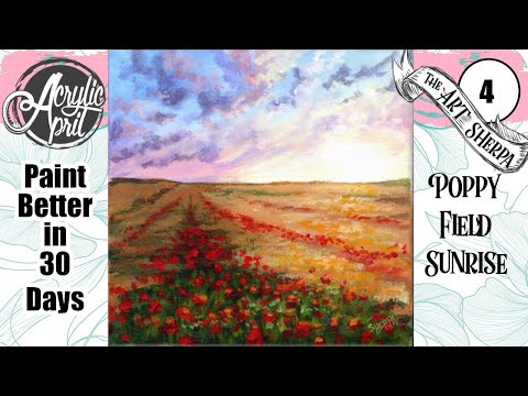 WILD POPPIES IN FIELD COLORFUL CLOUDS  Easy Acrylic Tutorial Step by Step Day 4   #AcrylicApril2022