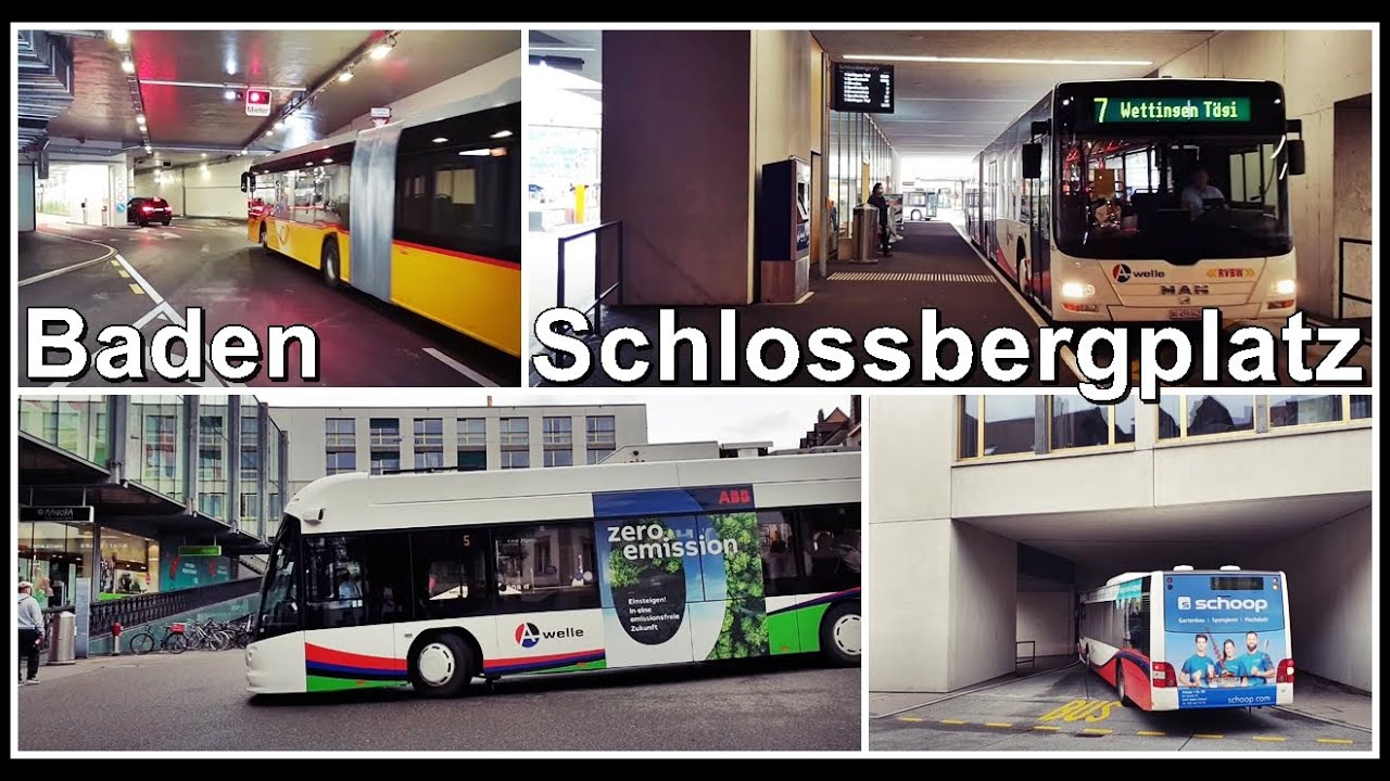Postautos und RVBW Busverkehr beim Schlossbergplatz in Baden, Stadt Baden, Schweiz 2021