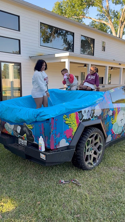 Londyn and Mj turns dad Cybertruck into a swimming pool #shorts