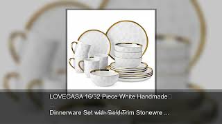 LOVECASA 16/32 Piece White Handmade Dinnerware Set with Gold Trim Stonewre Set Dinner Plate/Des