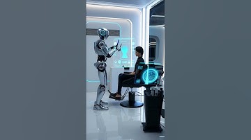 FUTURE ROBOT SHOWING HAIR MODELS TO A CUSTOMER.