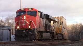 Long and Very Late Stack Train CN 121 w/DPU at Chipman, NB - Ground View