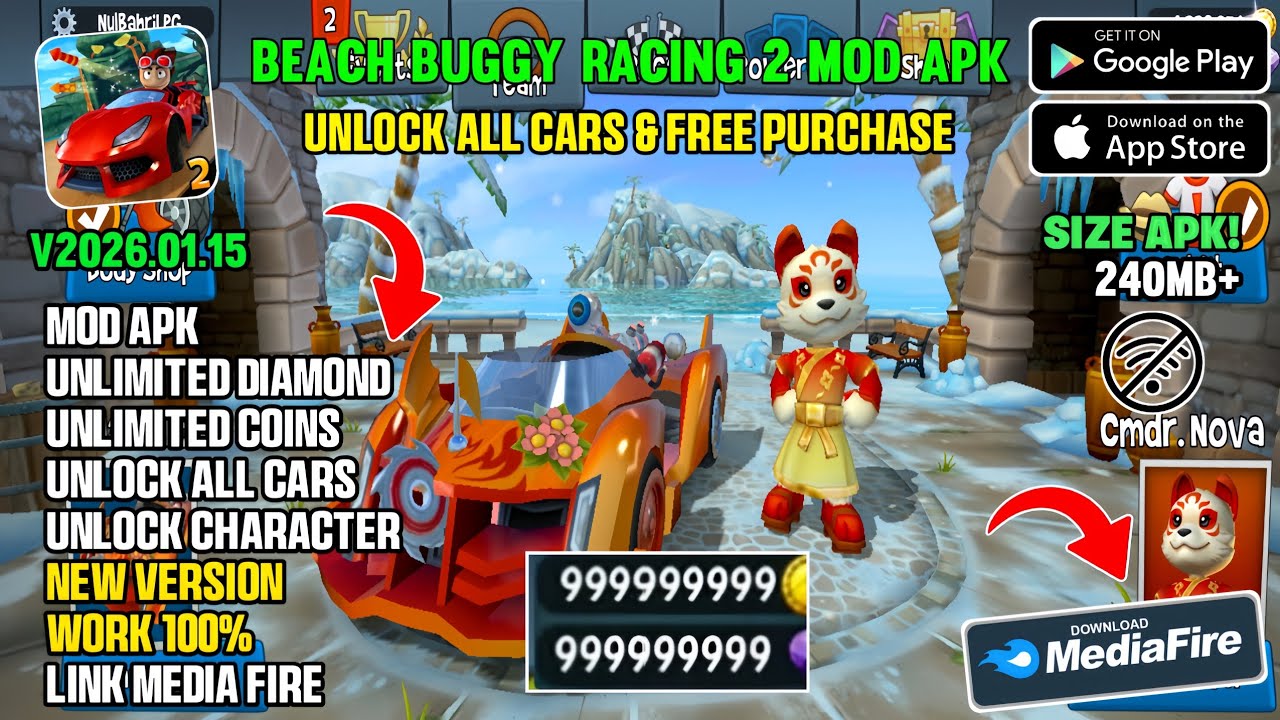 UPDATE!! Beach Buggy Racing 2 Mod Apk V2026.01.15 Terbaru 2026 - Unlock All Cars & Free Shopping 
