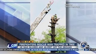 Canton man trapped high in pine tree rescued by firefighters with an aerial truck