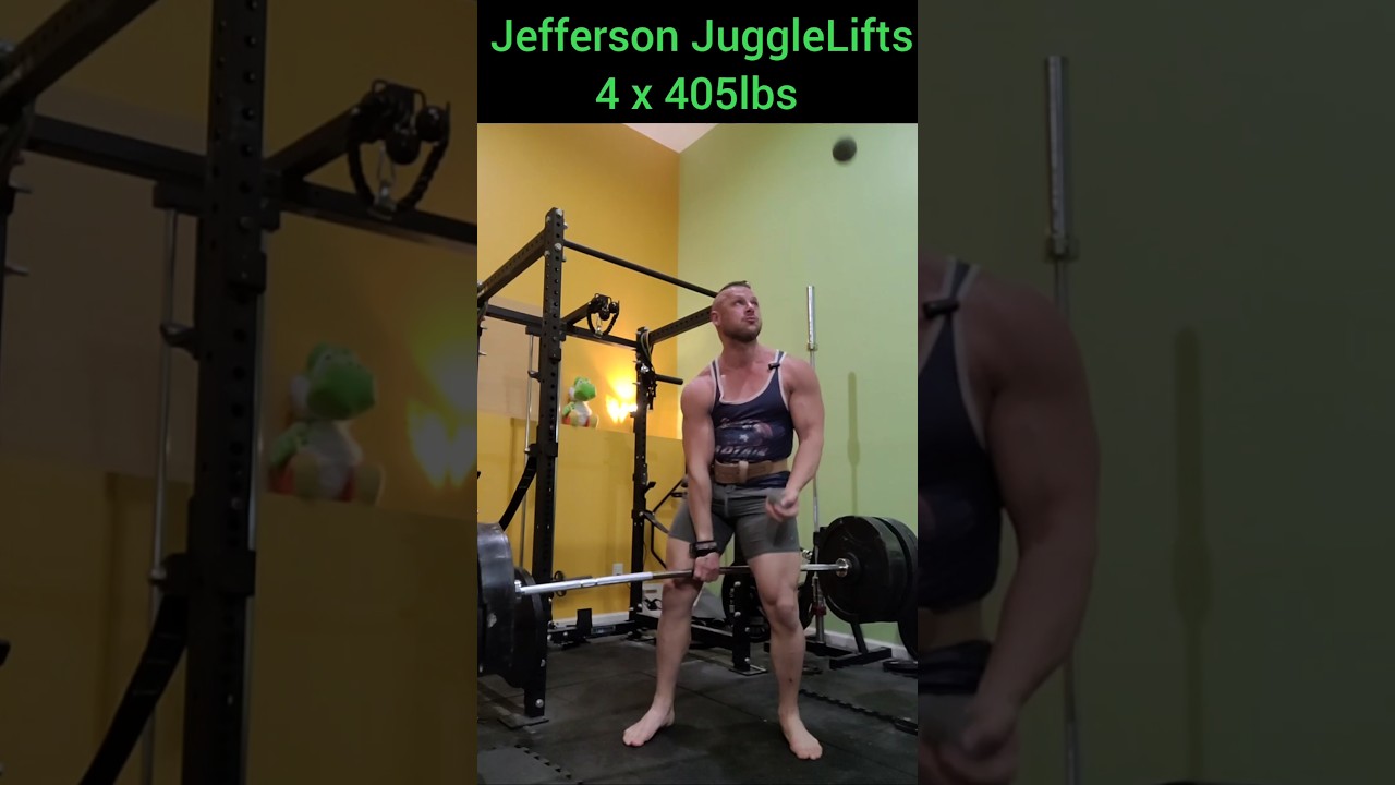 Juggling Jefferson Deadlifts 4 plates, 4 reps