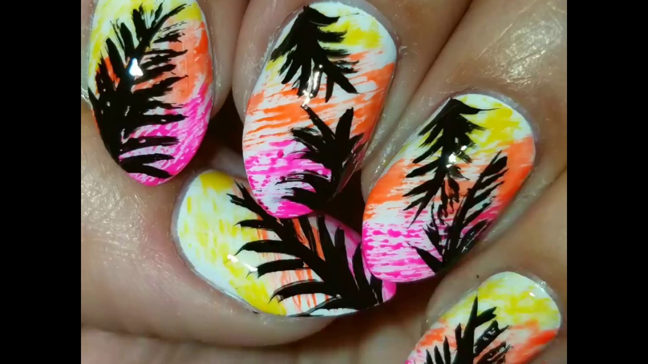 Easy Neon Drybrush and Freehand Nail Design