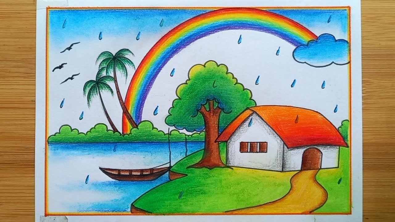 Rainy Season Drawing Easy/Rainy Season Village Scenery Drawing/Rainbow Scenery Drawing