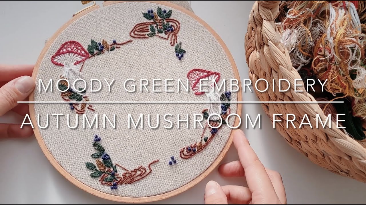 Autumn Mushroom design photo frame for Polaroid or 4x6 card/ MoodyGreen hand embroidery stitch along