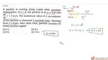 A particle is moving along `x`-axis with constant acceleration. At `t=0`, the particle is at `x=3m`