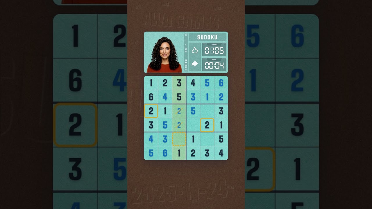 LinkedIn Mini Sudoku #105 solved board for November 24, 2025, 6x6 grid