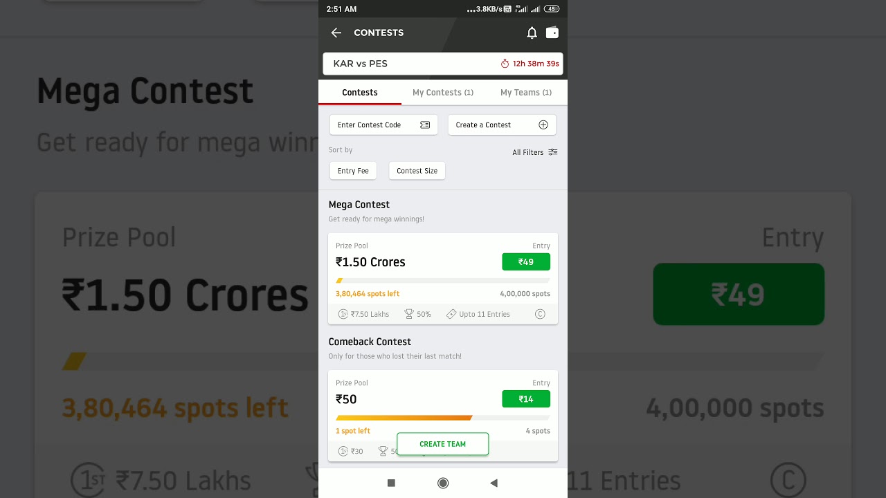 Kar vs pes dream 11 team
