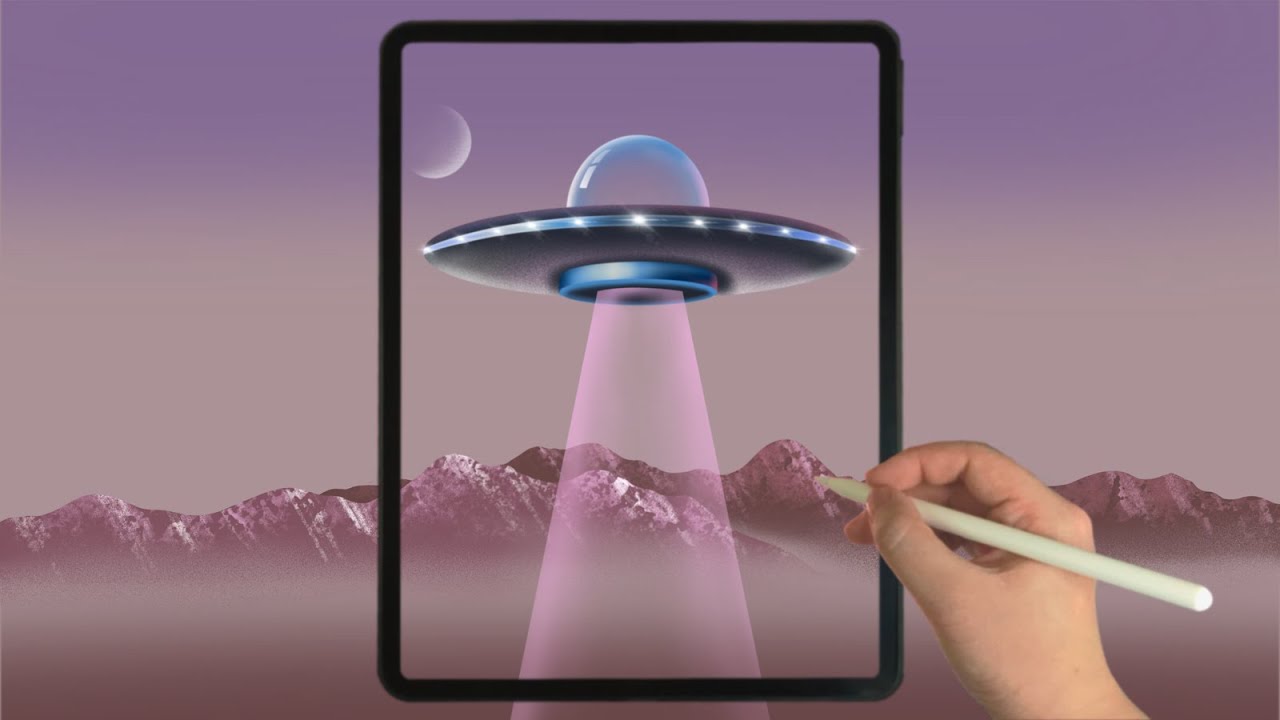 Unidentified Flying Object Flying Over Mountain Range iPad Procreate Drawing - Digital Illustration