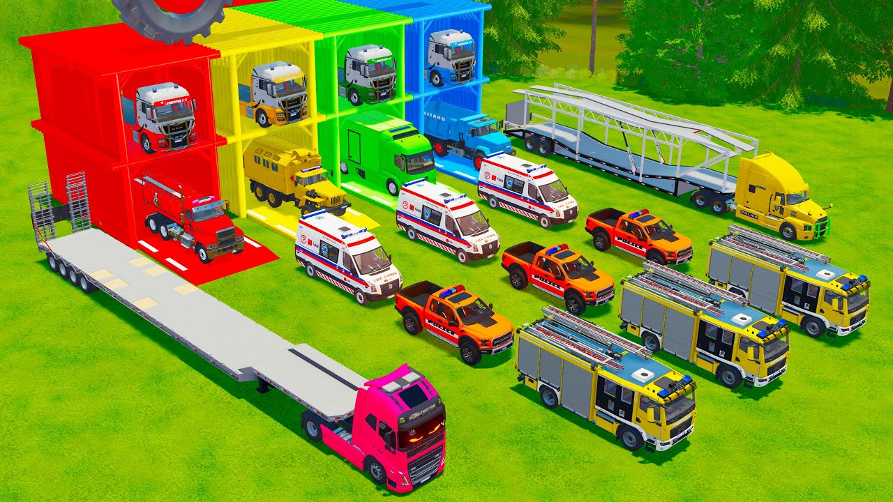 TRANSPORTING FIRE DEPARTMENT, AMBULANCE, POLICE VEHICLES, MILK TANK TRUCK TO GARAGE - FS22