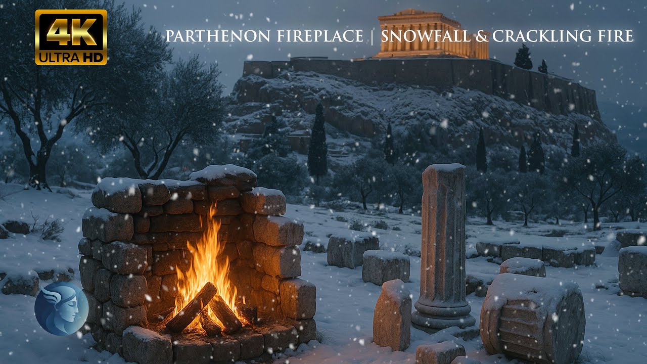 Parthenon in Winter ❄️ Cozy Fireplace with Crackling Fire & Snowfall Ambience - 10 Hours 4k