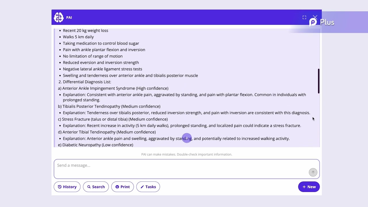 Physiopedia AI Assistant (PAI) Differential Diagnosis Task Demonstration