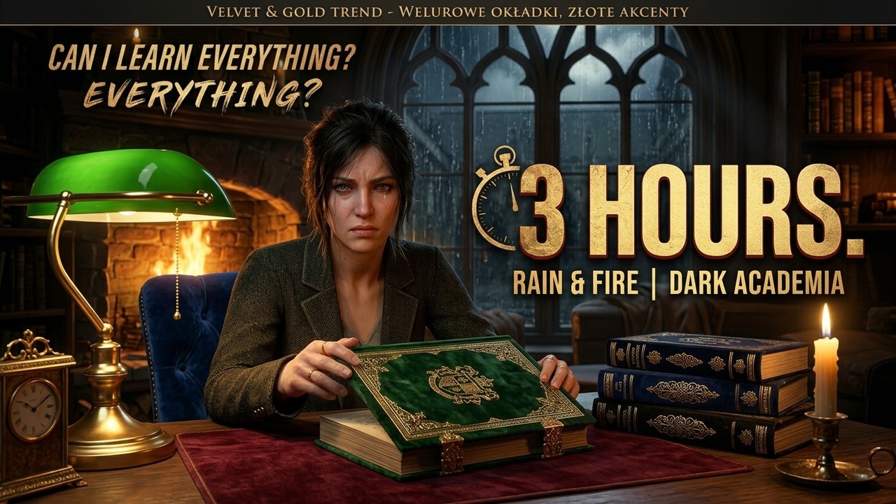 Rainy library night with crackling fire for studying & focus - Dark Academia