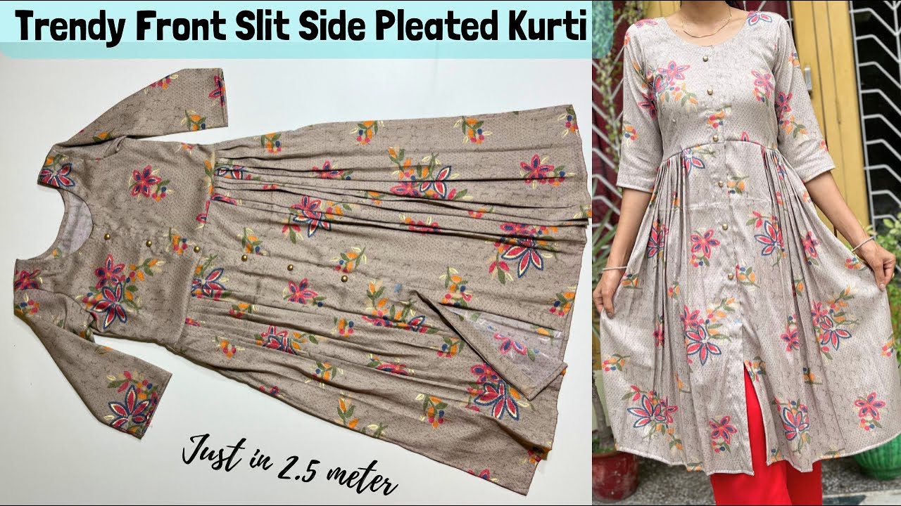 Trendy Side Pleated Front Slit Kurti Cutting and Stitching/Kurti Design 