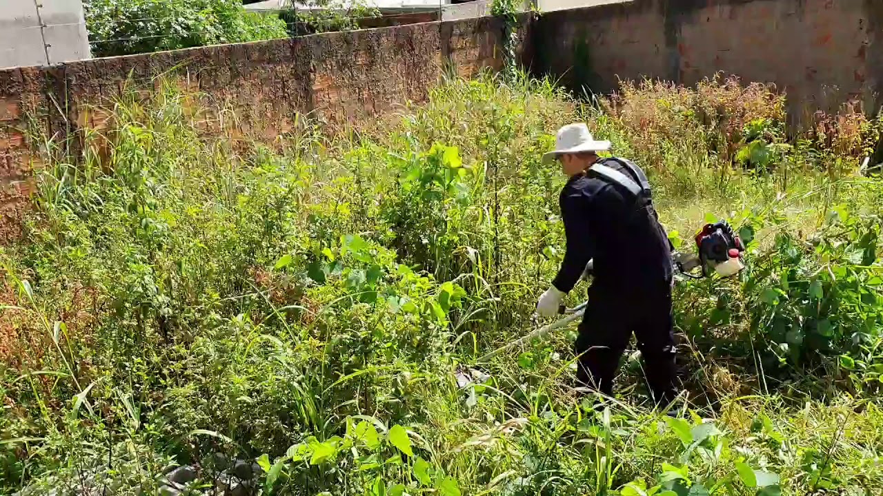 Limpando o terreno com roçadeira à gasolina
