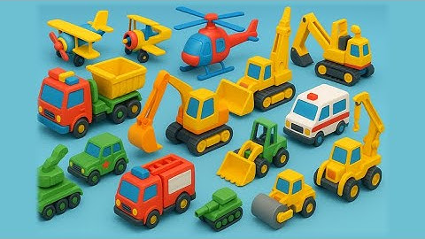 FIND TOY EXCAVATOR, CRANE, FIRE TRUCK, WHEEL LOADER, PLANE, SNOW PLOW, FORK LIFT, DUPT TRUCK, TRAIN