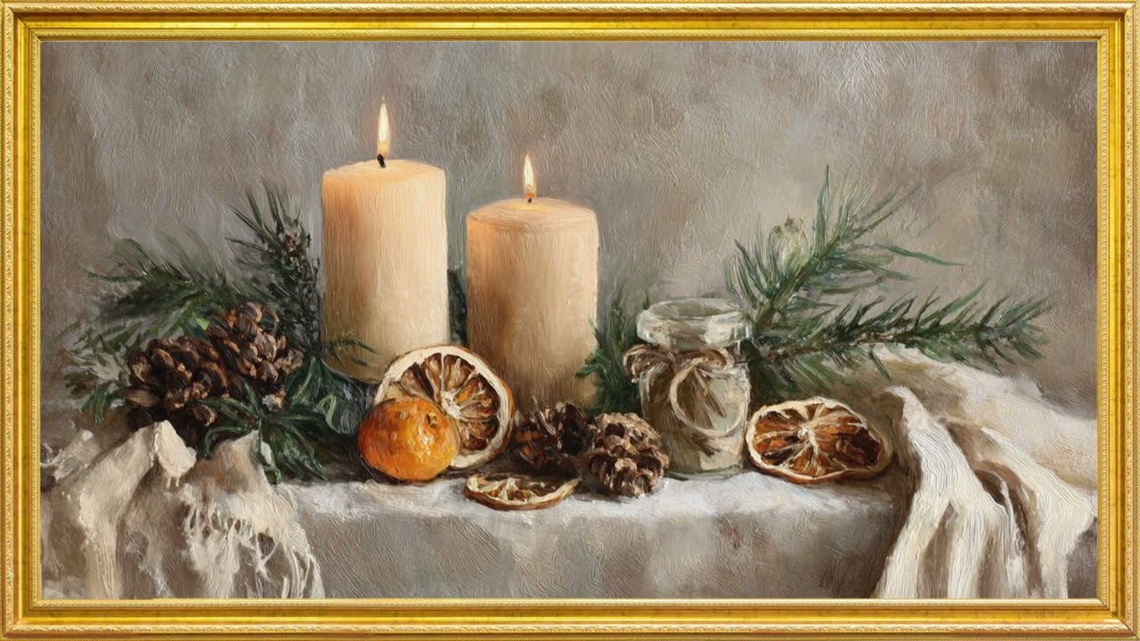  Cozy Winter Candle Still Life 🕯️– Rustic Christmas Decor Art 🍊
