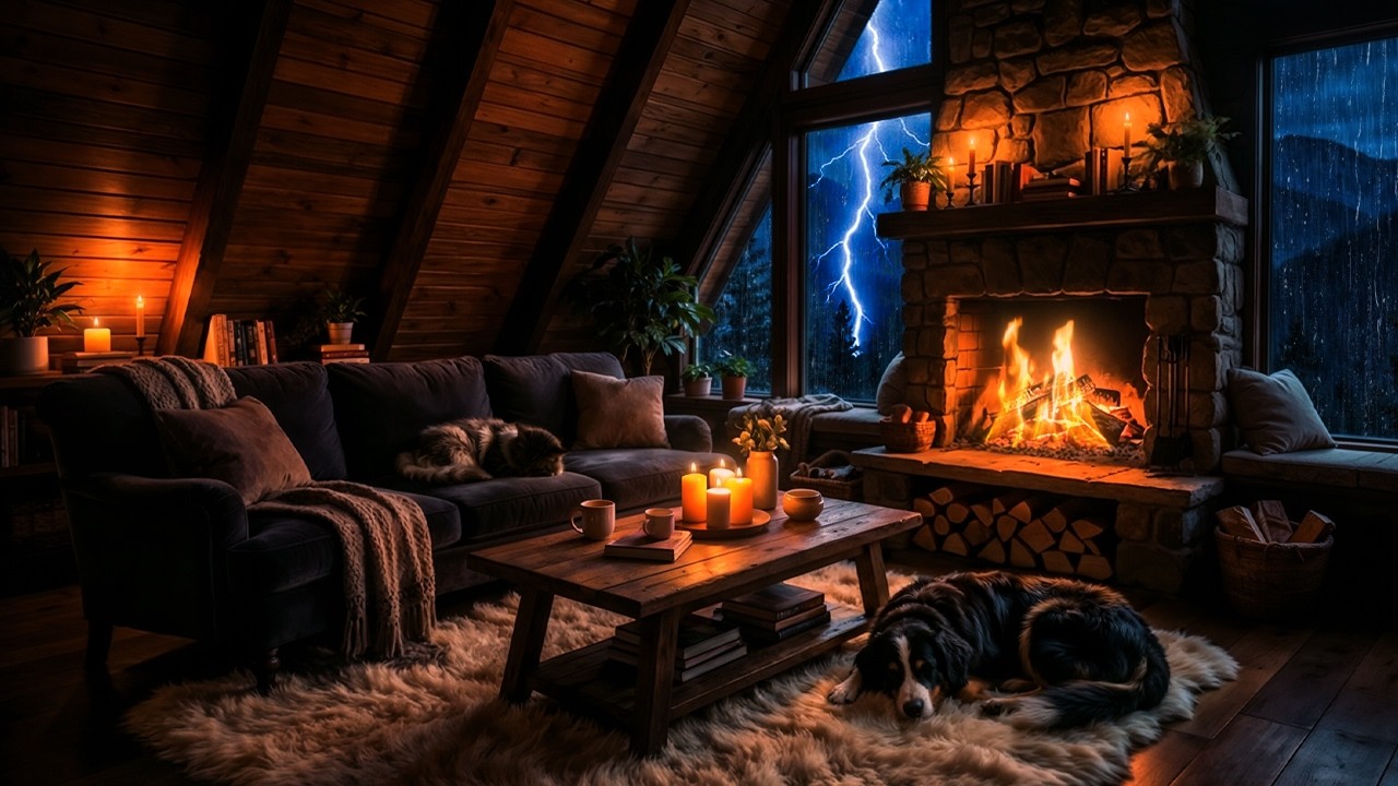 Глубокий сон, дождь и гром в уютной хижине ⚡, тёплой чердаке, с спящими питомцами 💤