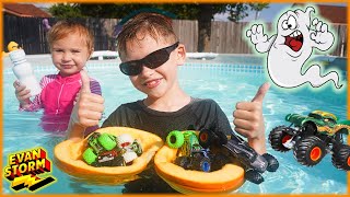 Sink Or Float Halloween & Monster Trucks! Evan Carves Pumpkin Boats For His Monster Jam Trucks