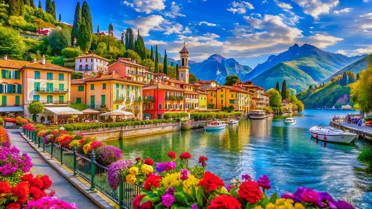 The charming town of Bellagio on Lake Como, Italy, with colorful buildings cascading down to the shimmering blue water, surrounded by lush green hills.