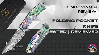 AUBEY Damascus Folding Pocket Knife – High Quality EDC Knife with Damasteel Blade, Abalone Shell