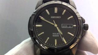 Men's Black Leather Stainless Steel Solar Power Watch SNE097