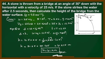 A stone is thrown from a bridge at an angle of 30° down with the horizontal with a velocity of 25m/s