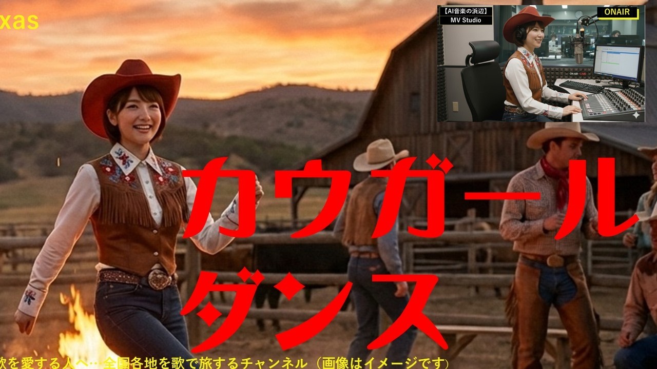 驚き！凄いAIの進化「カウガールダンス」洋子さんがテキサスの牧場で踊ると、カウボーイたちも同じダンスを踊ってくれました。【AI、演歌、昭和歌謡、旅、ご当地ソング、鉄道の旅、歌ドラ、旅と歌の朗読】
