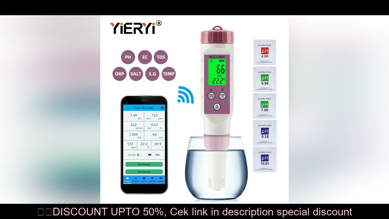 Yieryi BLE-C600 Bluetooth-compatible Water Quality Pen 7 in 1 PH EC TDS ORP SALT S.G TEMP Meter APP