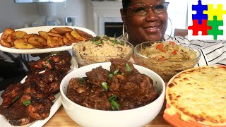 JAMAICAN MEAL OXTAILS JERK CHICKEN RICE AND PEAS PLANTAIN CABBAGE COOKING AND EATING